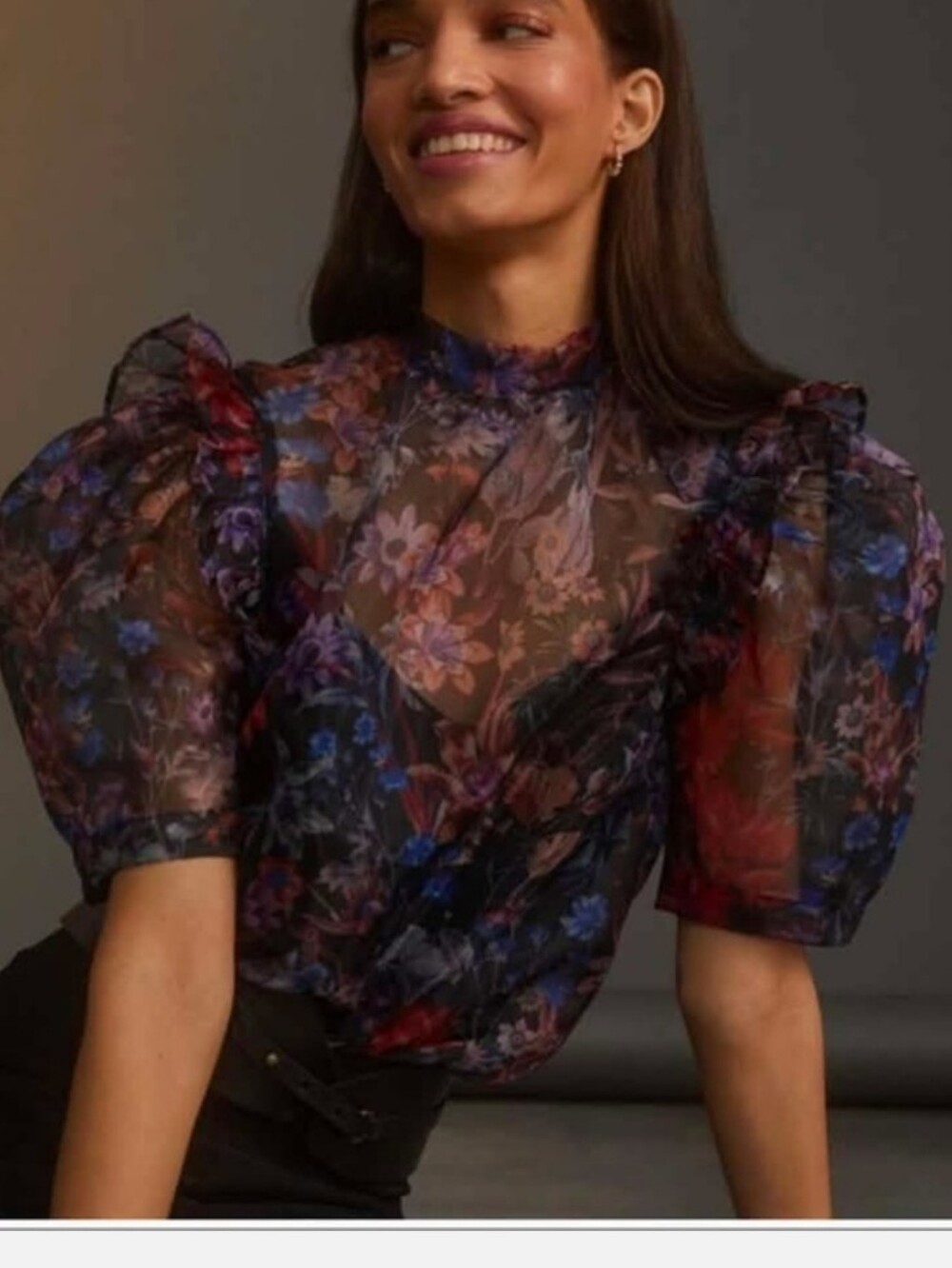 Floral Sheer Puff-Sleeve Blouse - Black/Multi